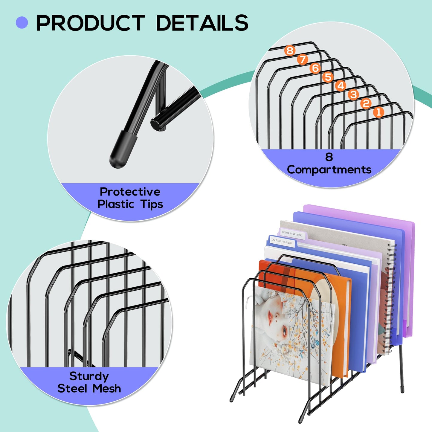 Gawerk Incline Metal Desk Magazine Folder Holder, Sorter Desk File Organizer with 8-Section Vertical Compartments Rack File Organizer for Office, Home, School (2 Pack)