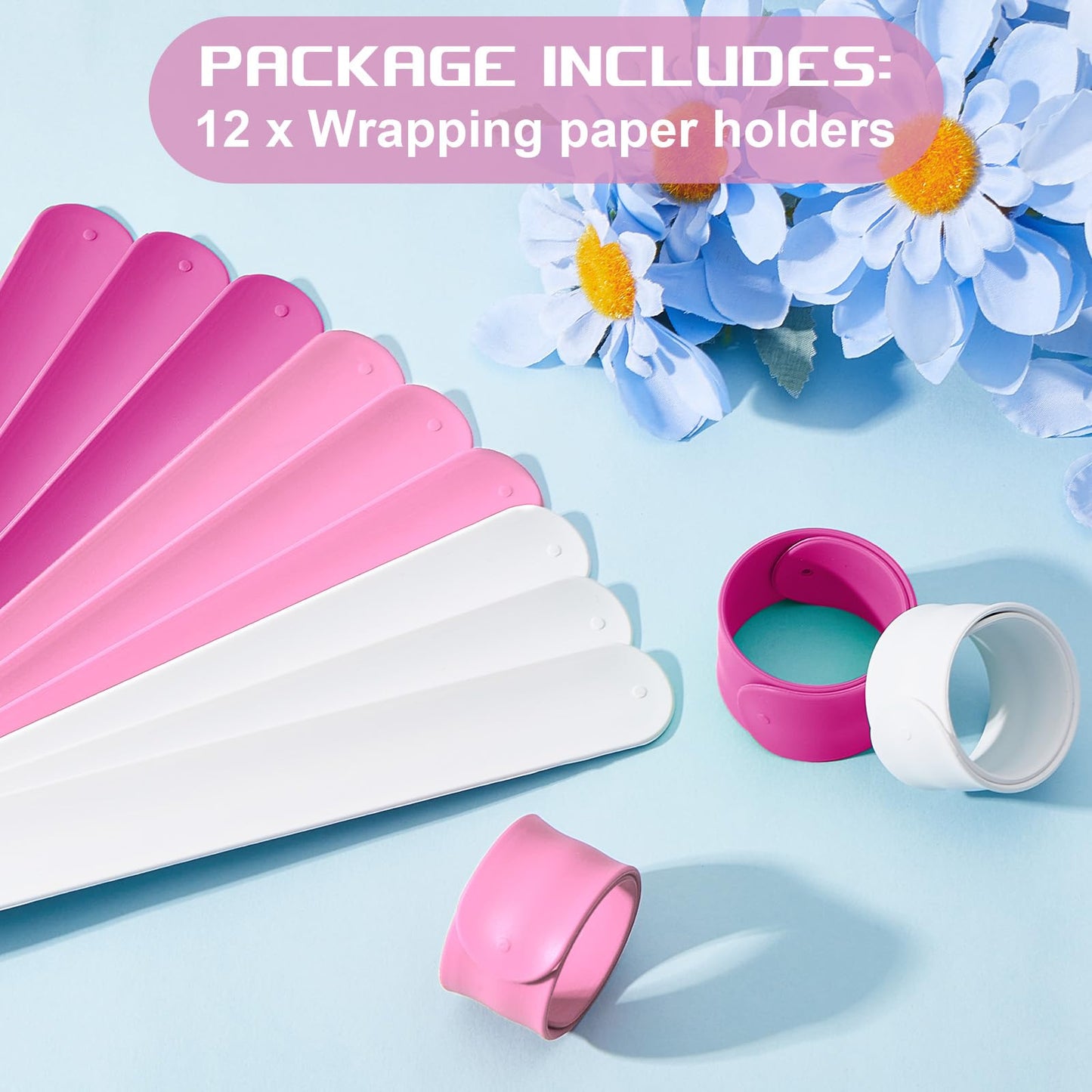 Charniol 12 Pieces Wrapping Paper Roll Holder Holiday Flip Wraps Silicone Covered Metal Strips Flip 1 x 9 Inch Stabilizer Slap Band for Poster Gift Paper Vinyl Storage Organize (Rose Red,Pink,White)