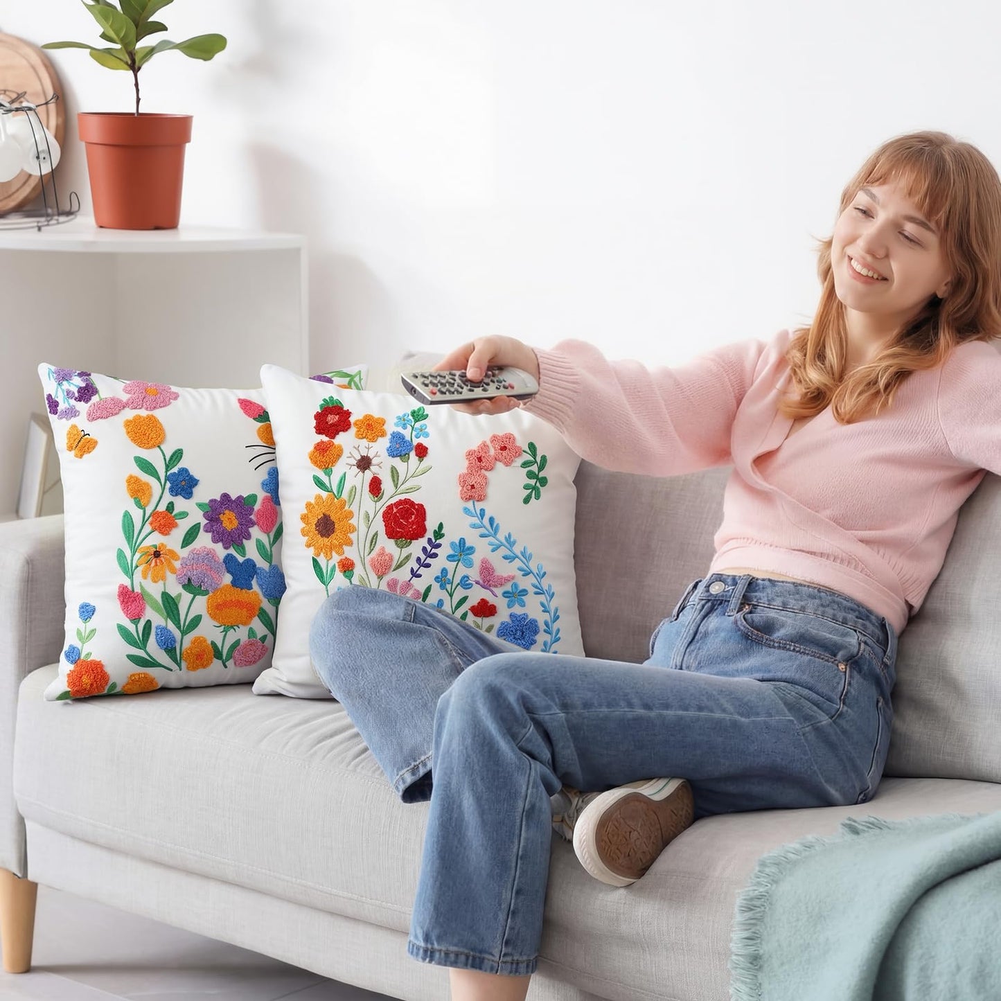 Mindsoft 2 Pcs Flower Throw Pillow Covers 18 x 18 Inch Spring Embroidered Pillow Cover with Zipper Colorful Floral Pillowcase Soft Boho Cushion Case for Living Room Couch Sofa Bed