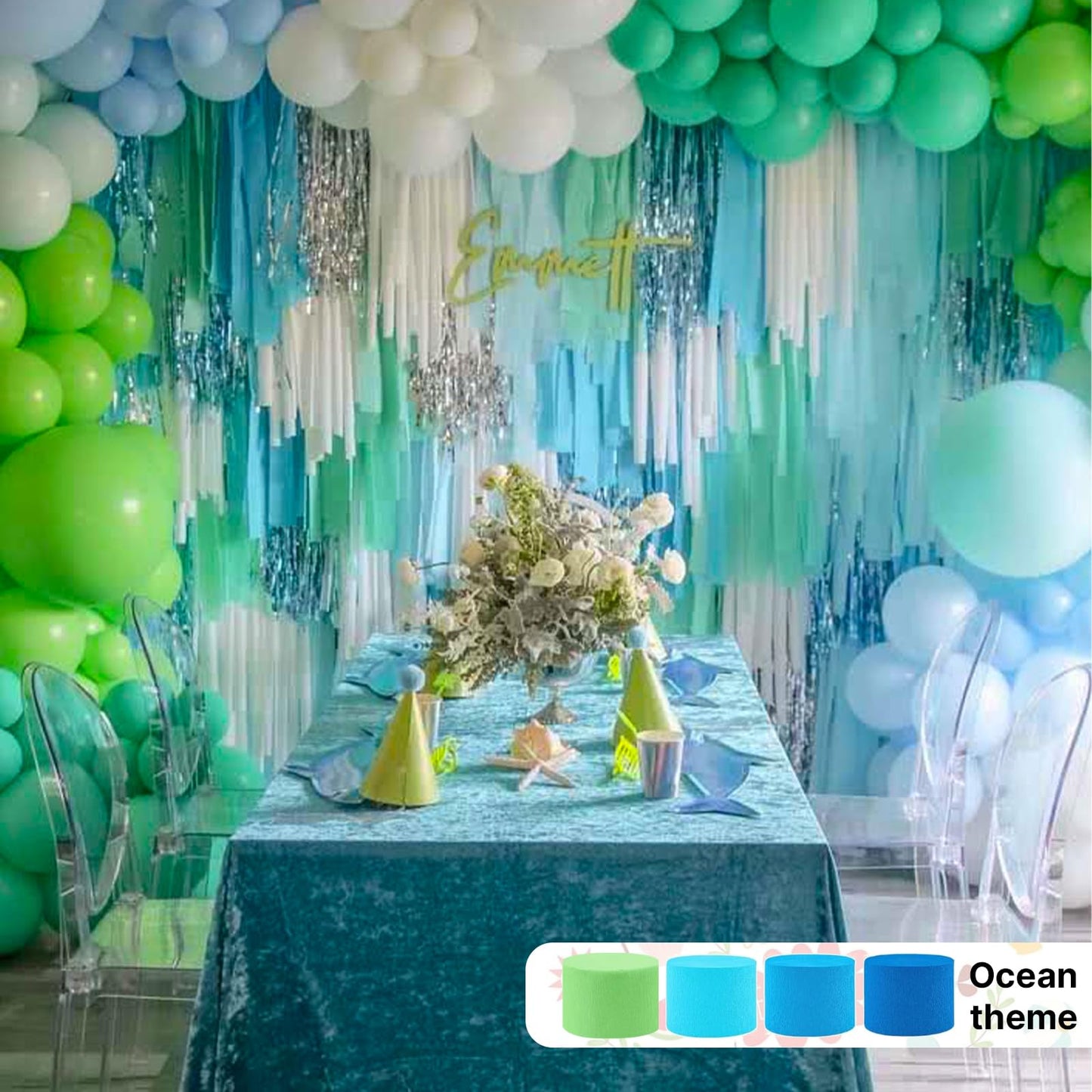 PartyWoo Blue Crepe Paper Streamers 4pcs 328ft Pack of Light Sky Blue Crepe Paper Streamers for Birthday Gender Reveal Baby Shower Graduation Pool Mermaid Under The Sea Theme Party Decorations