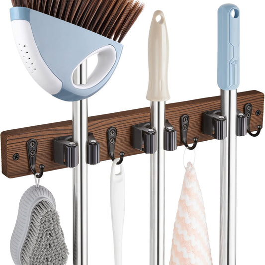 OUTNILI Mop Broom Holder Wall Mount with 3 Slots & 4 Hooks - Wood Broom Mop Hanger for Pantry Kitchen Organization - Garden Tool Organizer for Closet Laundry Room - for Rustic Farmhouse Kitchen Decor