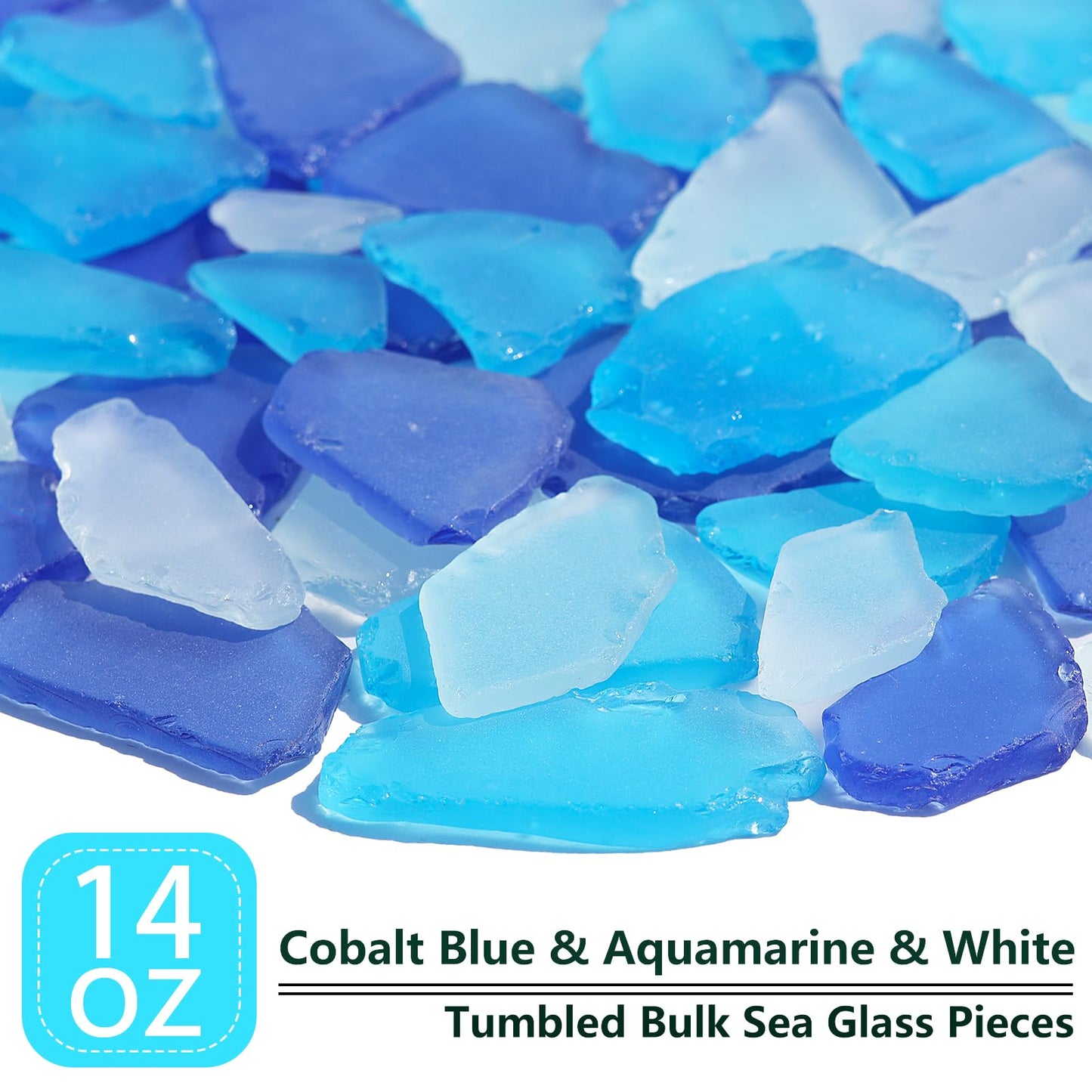 QYGL Sea Glass for Crafts - 14oz Frosted Seaglass Pieces - Vase Filler and Aquarium Ornament, DIY Craft Supplies for Art, Beach Weddings, and Home Decor (Cobalt Blue, Aquamarine, White)