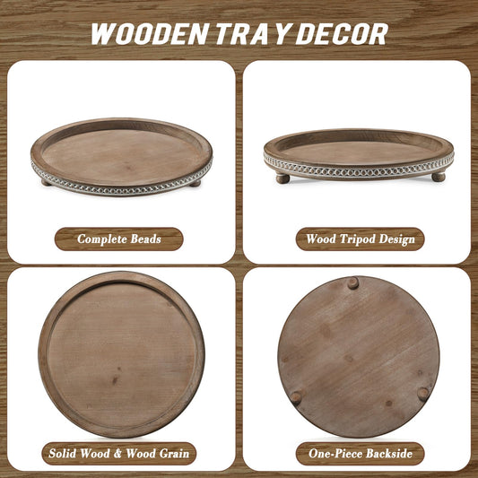 Handmade 12 Inch Decorative Tray, Small Beaded Tray Coffee Table Decor, Warm Brown Round Wooden Tray for Coffee Table, Dining Room Table Entryway and Living Room Table