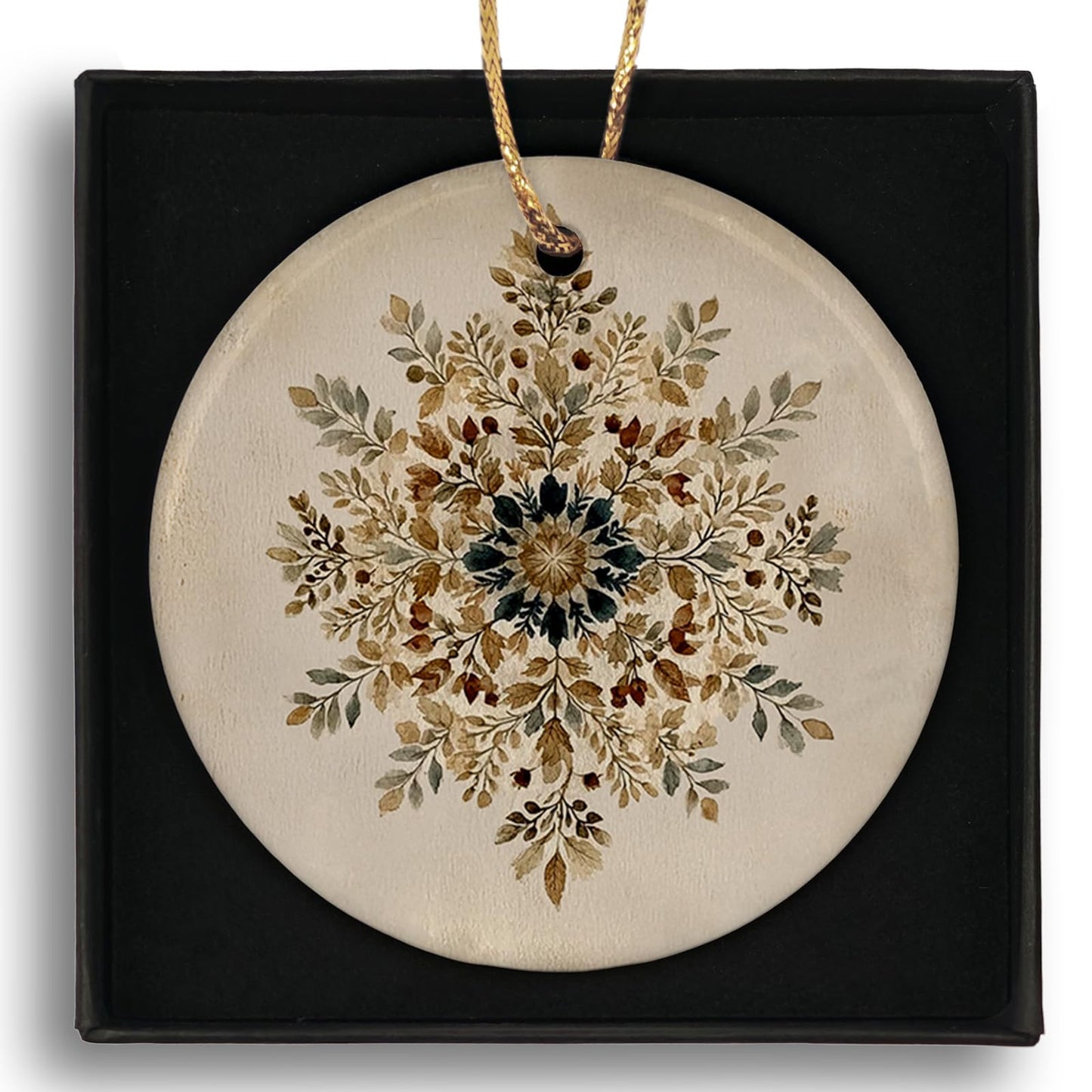 Ebroniah Winter Snowflake Snow Floral Christmas Ceramic Ornaments, Rustic Farmhouse Leaf Hanging Round Holiday Ornament Decor, Botanical Boho Beige Gifts Keepsake for Women Car Window Decorations 3in