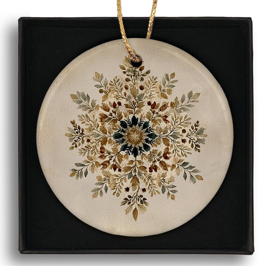 Ebroniah Winter Snowflake Snow Floral Christmas Ceramic Ornaments, Rustic Farmhouse Leaf Hanging Round Holiday Ornament Decor, Botanical Boho Beige Gifts Keepsake for Women Car Window Decorations 3in