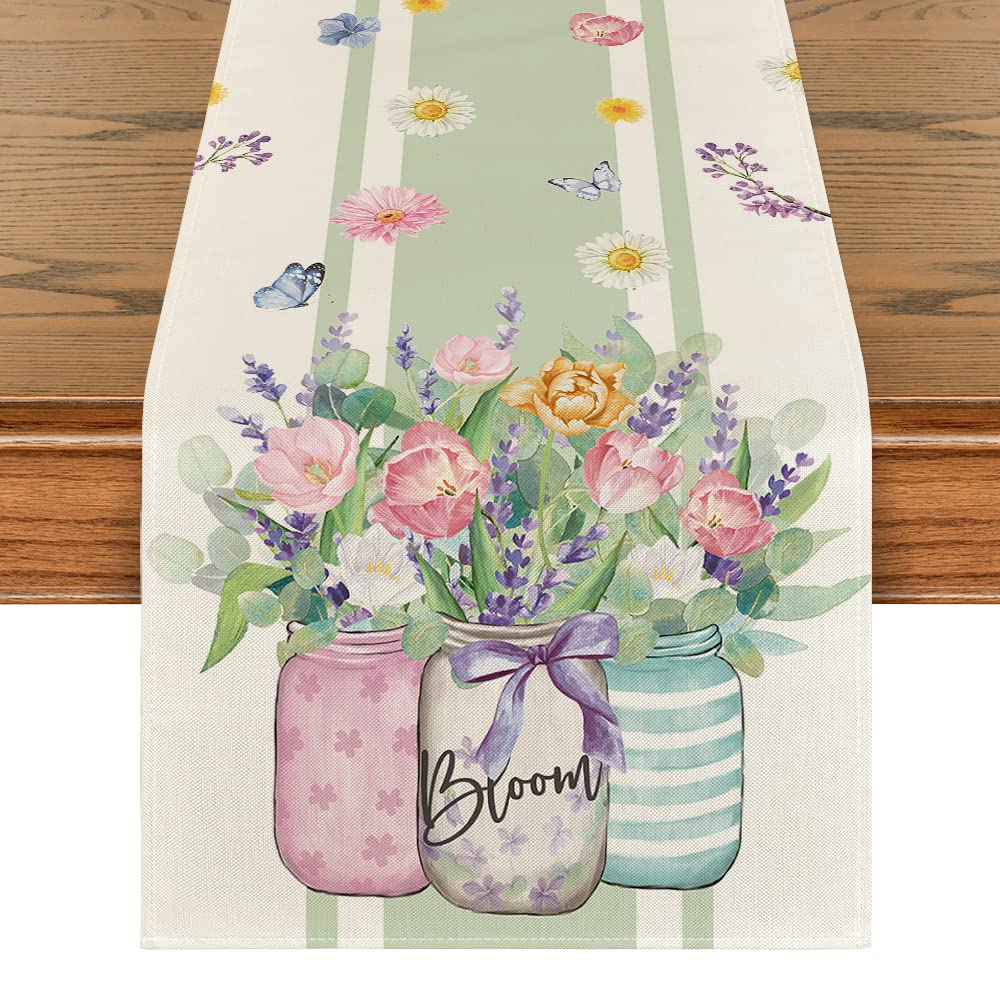 Artoid Mode Vase Bloom Tulip Lavender Summer Table Runner, Seasonal Spring Kitchen Dining Table Decoration for Home Party Decor 13x72 Inch