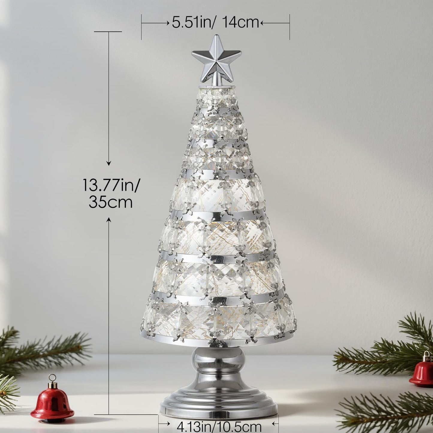 Lewondr Christmas Tree Lamp, 14 Inch Battery Powered Crystal Treetop Lighted Christmas Tree Decorative Light LED Lamp, Handmade Glass Tabletop Christmas Ornament for Home Party Gift, Silver