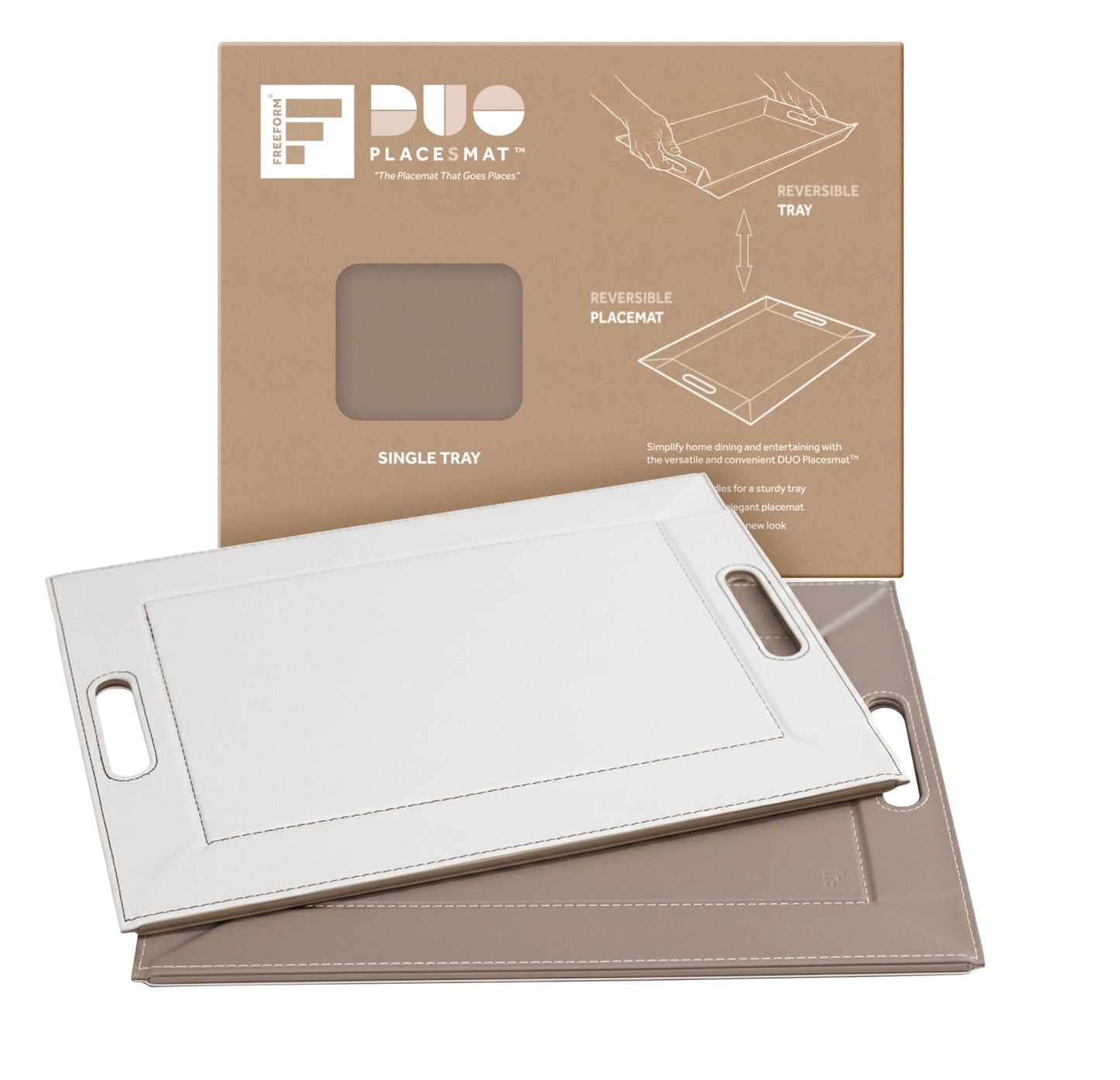 FREEFORM PLACEsMAT 2-in-1 Faux Leather Placemat & Serving Tray | Reversible Design, Lays Flat & Easy to Clean | Ottoman Food Tray, Perfect Housewarming Gift, 18” x 14” (Taupe & White, Single)