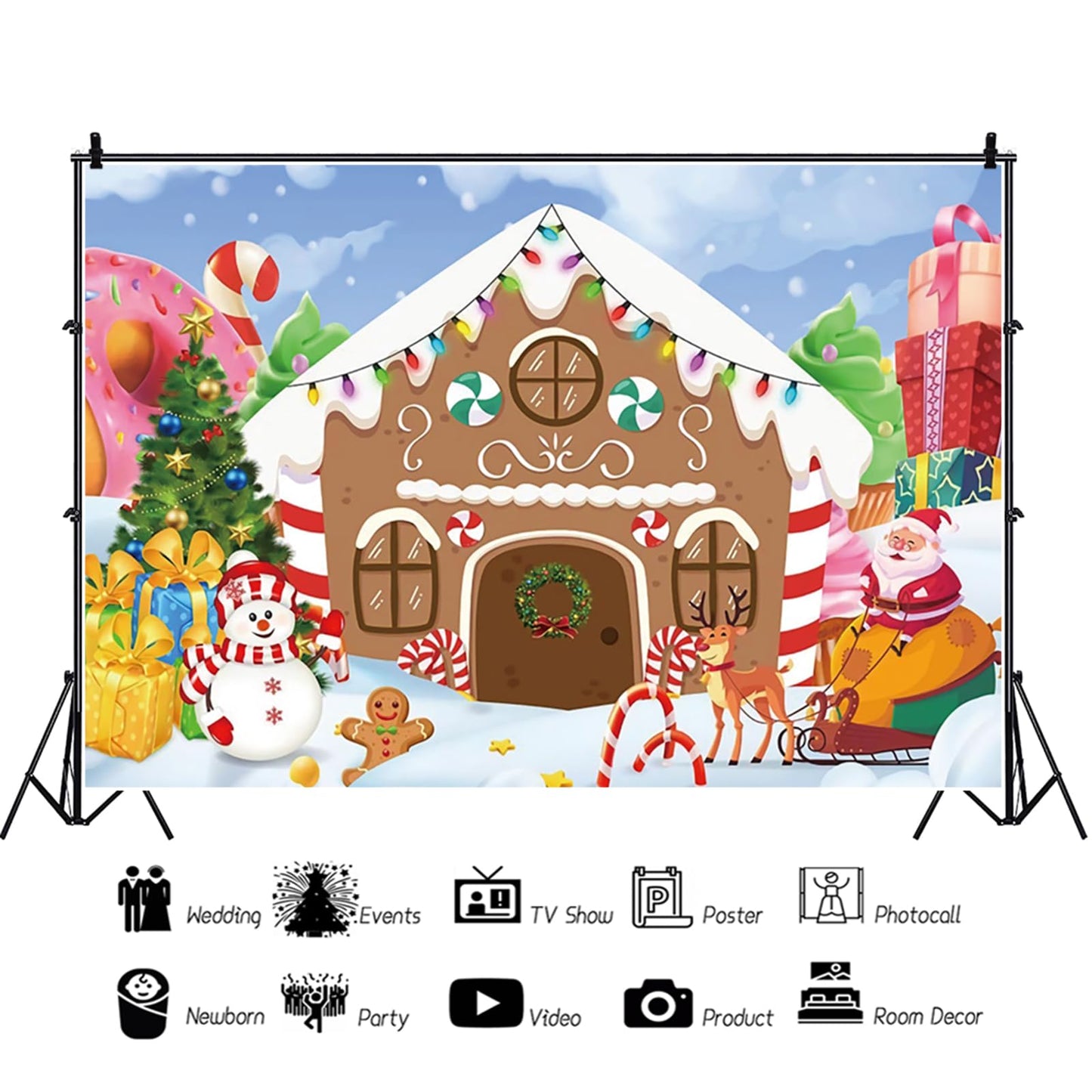 CRTPOD Christmas Backdrop Winter Gingerbread House Xmas Tree Snowman Gifts Background New Year Photography Banner for Birthday Christmas Party Decorations Supplies Photo Photobooth Props 7x5ft