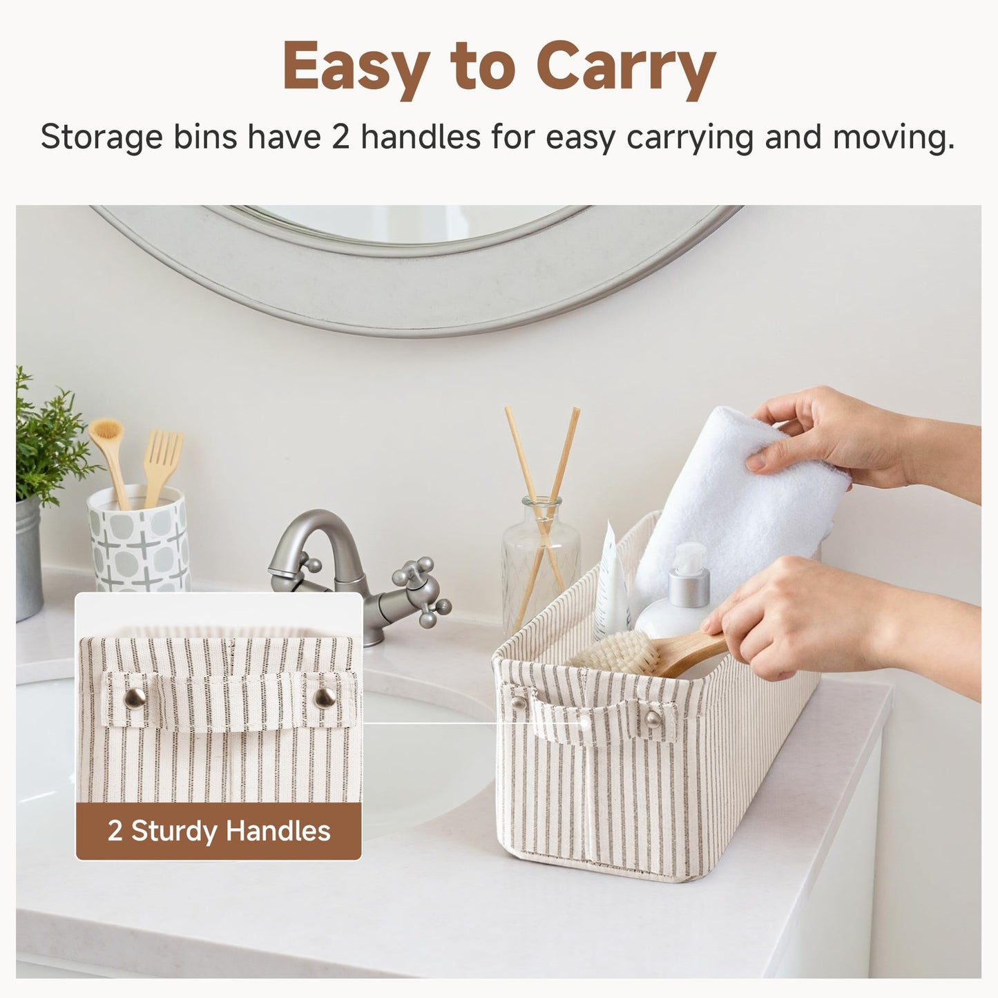 StorageWorks Narrow Storage Bins, Small Basket for Closet and Shelves, Fabric Organizer with Handles, Toilet Paper Storage, Khaki and Beige Stripes, 2-Pack