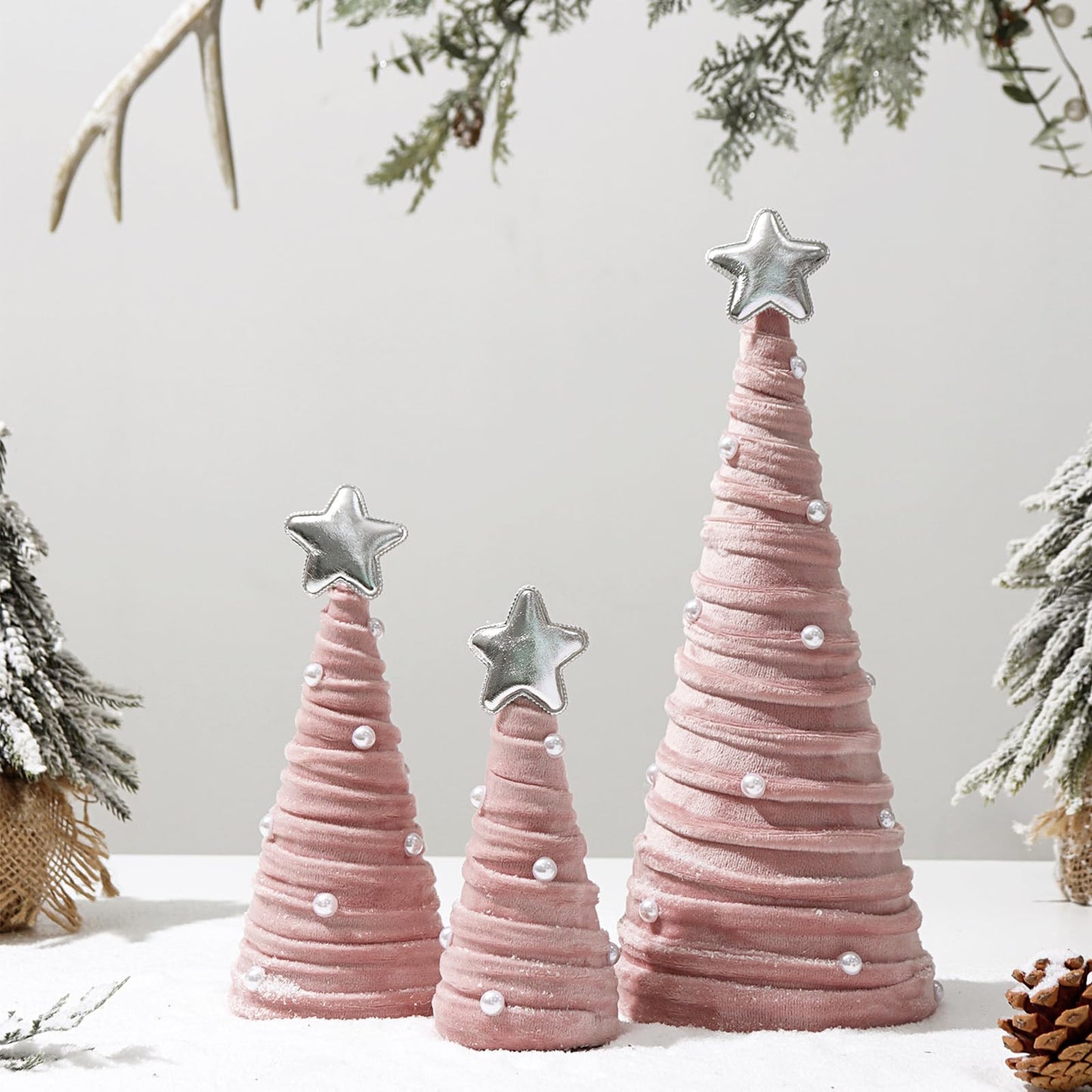 Bunny Chorus Christmas Decorations Indoor, 3Pcs Pink Velvet Cone Trees With Pearls, Table Decor for Xmas New Year Winter Holiday Home Decor