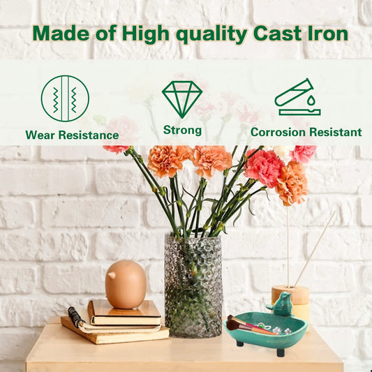 Sungmor Heavy Duty Cast Iron Hand Soap Holder - Lovely Bird Shaped & Antique Green Finish - Decorative Tabletop Soap Dish Tray for Kitchen Bathroom Sink - Practical Bath Soap Box Container