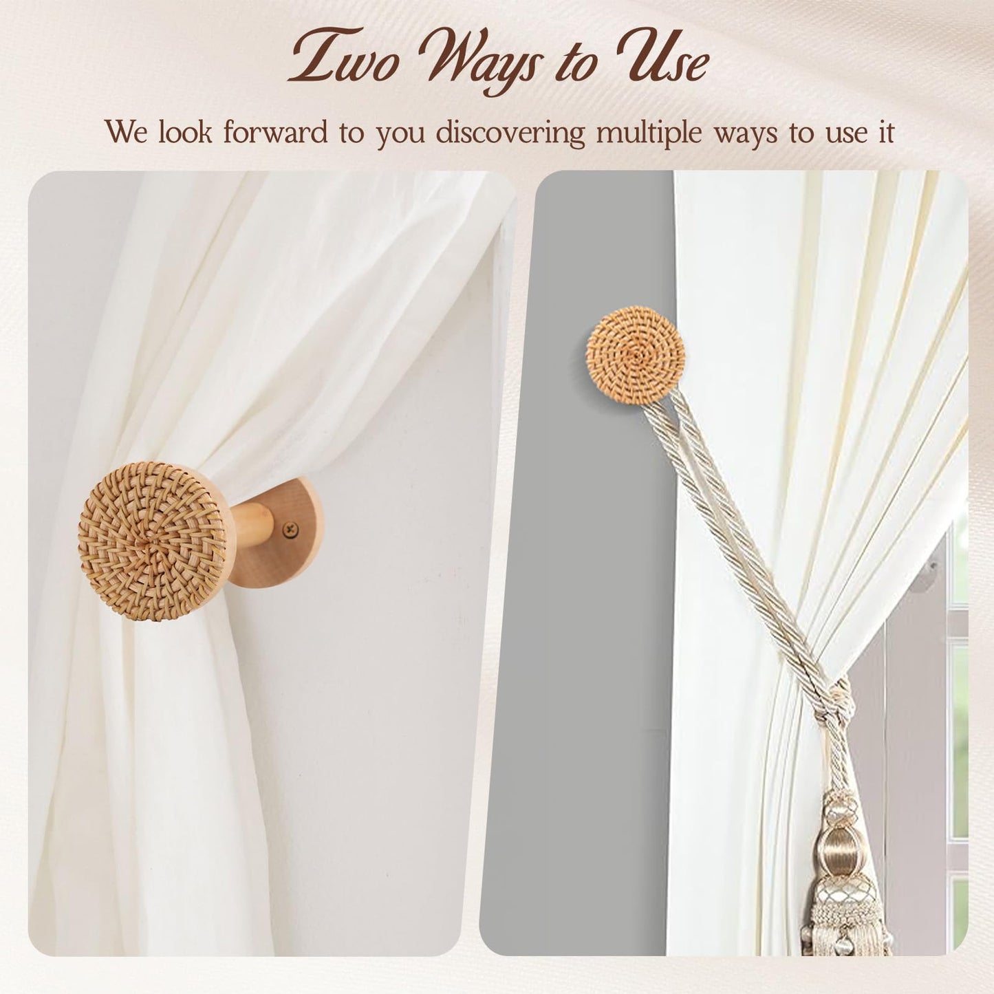 Boho Curtain Holdbacks - Set of 2 Rattan Tiebacks for Wall-Mounted | Hand-Woven Natural Wood Drapery for Sheer & Blackout Curtains | Ideal for Home & Office Decor