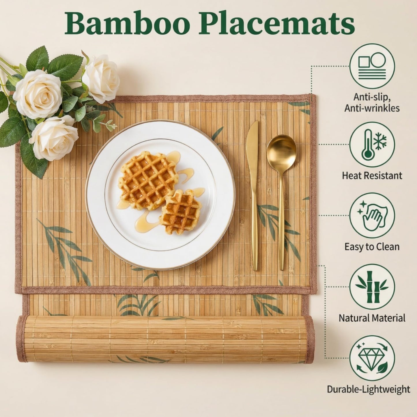 Eorbow 8 Pack Bamboo Placemats, 18 x 12 Inch Anti-Slip Table Mats, Heat Resistant Place Mats, Japanese Style Washable Placemats for Dining Room, Kitchen, Restaurant