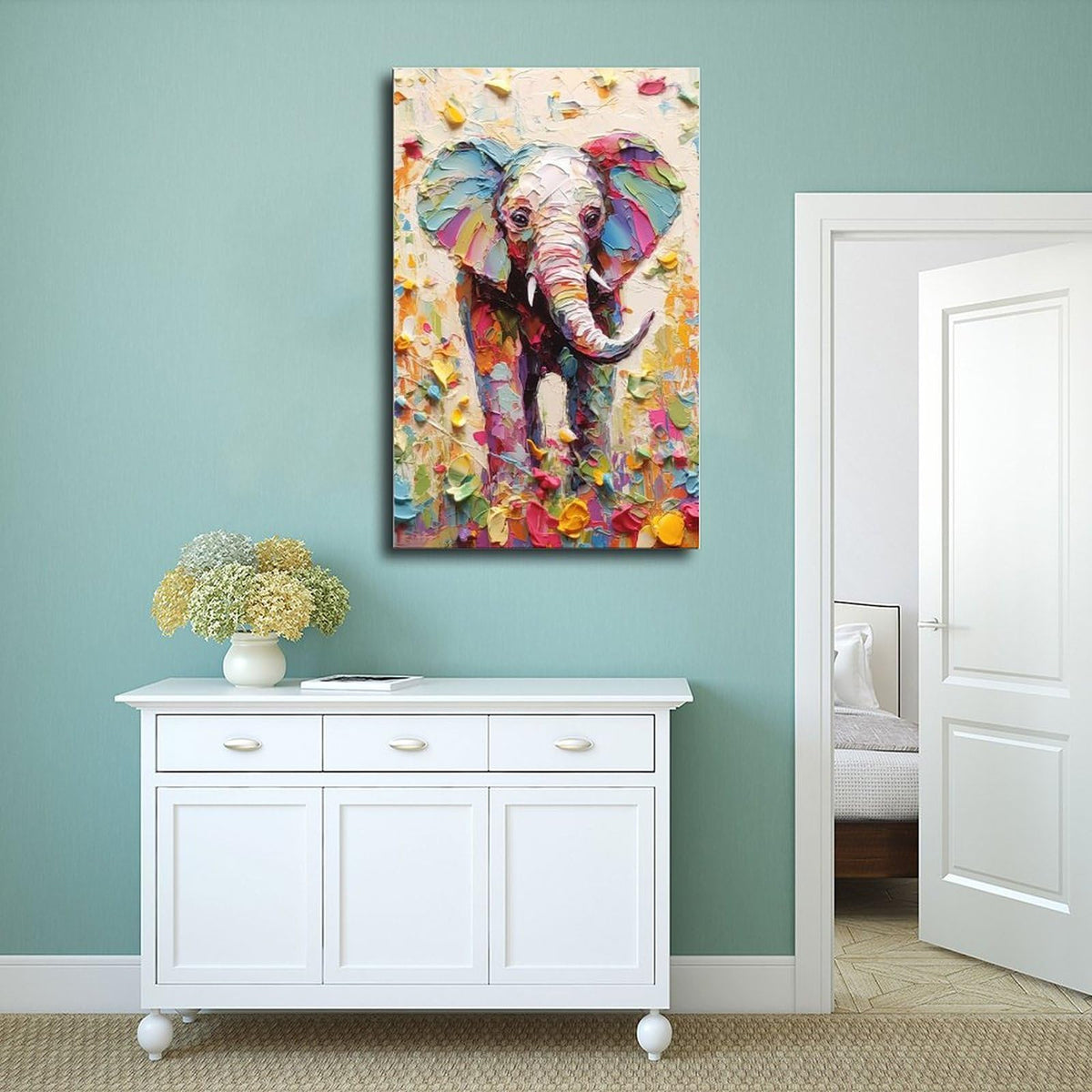 Fyzuf Elephant Wall Art - Oil Painting on Canvas, Cubism Style, Colorful Elephant Aesthetic, 12x18inch (30x45cm) Unframed