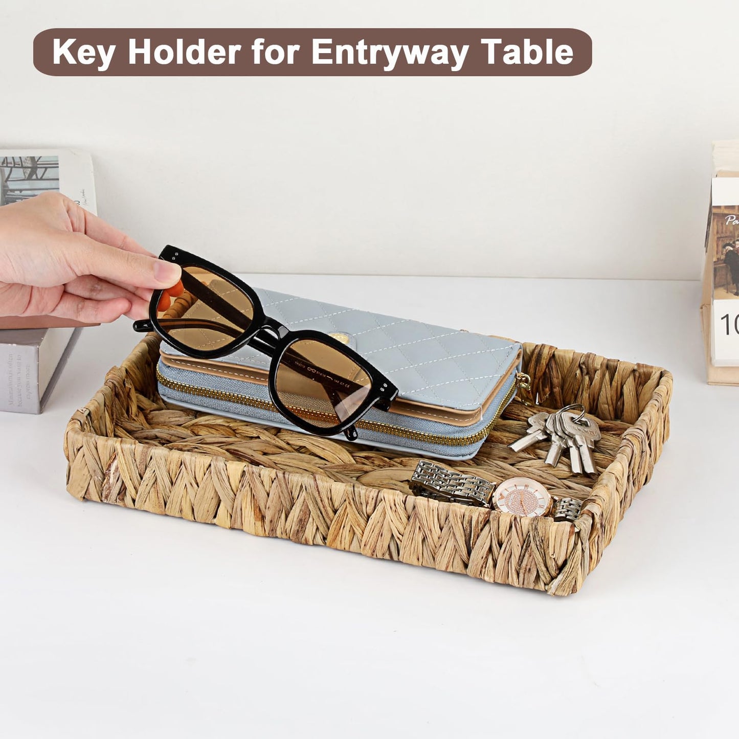 GUSHBIN Decorative Key Holder for Entryway Table Handwoven Natural Water Hyacinth Basket Tray Rectangular Serving Tray, 11.9" x 7.9" x 1.6"