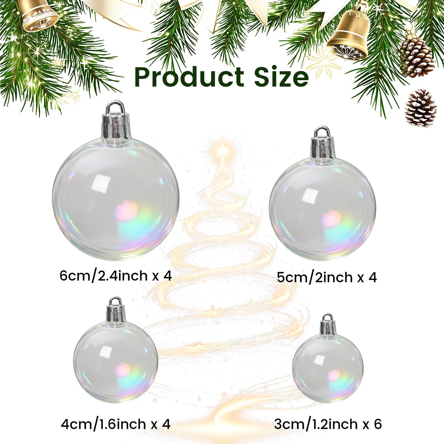 Iridescent Ornament Balls, DIY Plastic Multisize Clear Ornaments Iridescent Christmas Ball, Clear Baubles for Xmas Tree Halloween Window Home Holiday Party Wedding Decor (18Pcs)