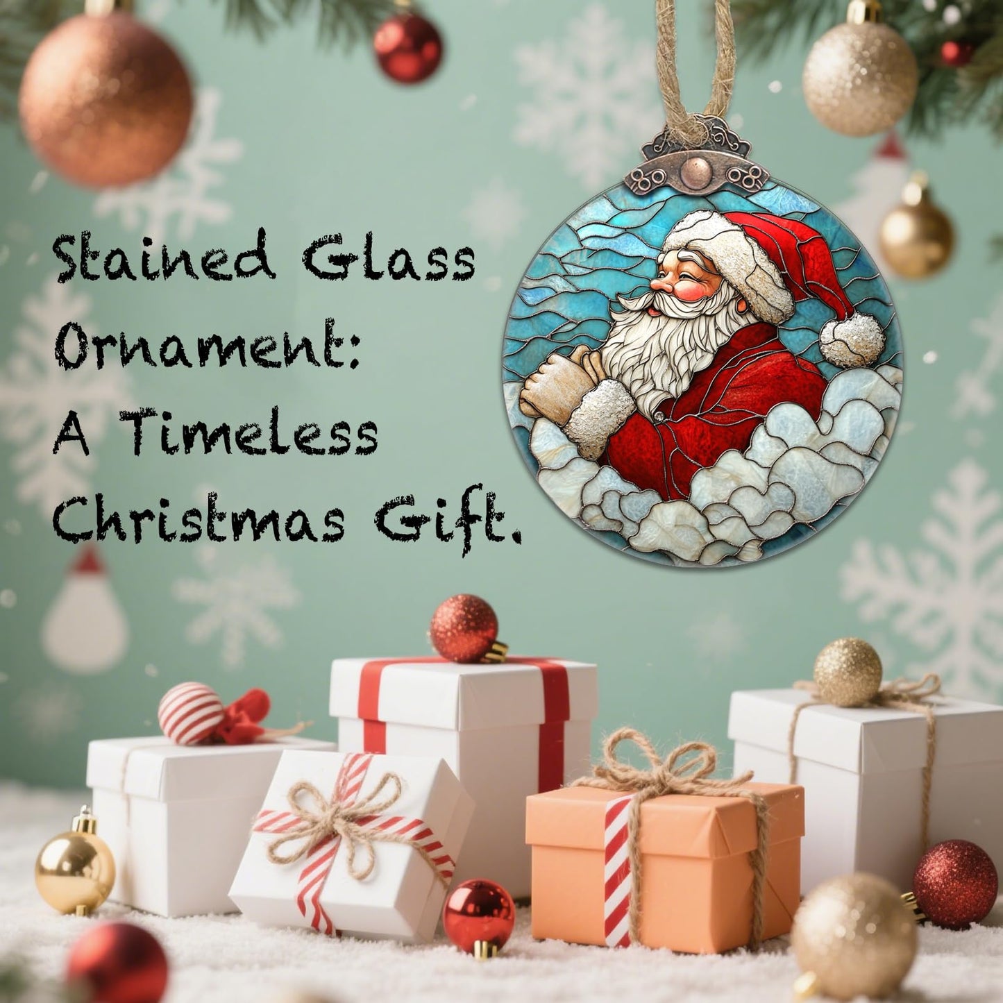 AMDERVEN Stained Glass Christmas Decorations, Kind Santa Claus Suncatcher for Window Christmas Tree Hanging Ornaments Blue and White Sun Catcher Xmas Decor Gifts for Women Men Mom Nana Friend