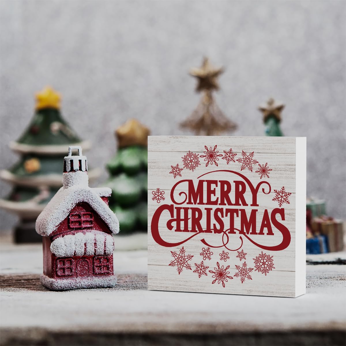 Retro Rustic Winter Merry Christmas with Snowflakes Wood Box Sign, Farmhouse Christmas Santa Artwork Decor, Wood Square Sign Desk Block Signs Home Shelf Office Decoration 5 x 5 Inches