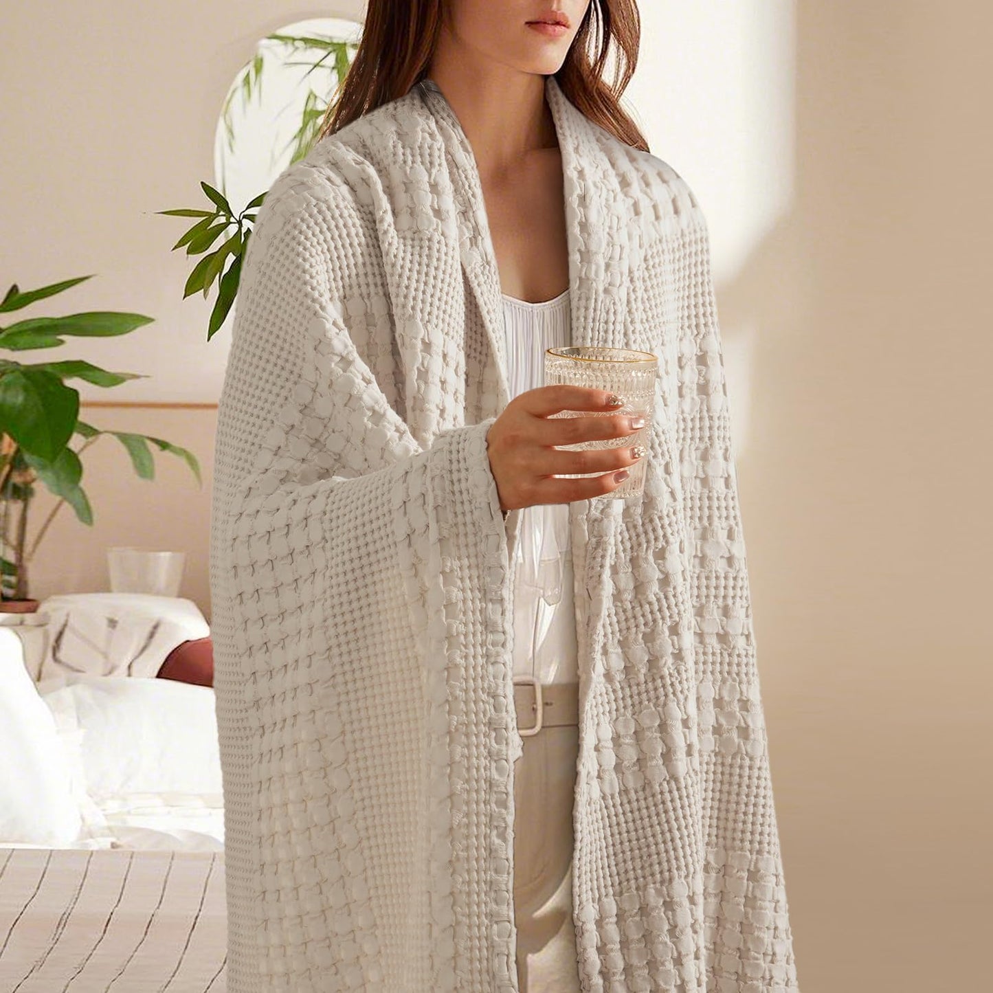 PHF 100% Cotton Waffle Weave Throw Blanket, Soft Lightweight Breathable Cozy Throws for Couch Bed Sofa, Luxury Aesthetic Blanket Gift for Home Decor & Office, 50"x60", Light Taupe/Oatmeal