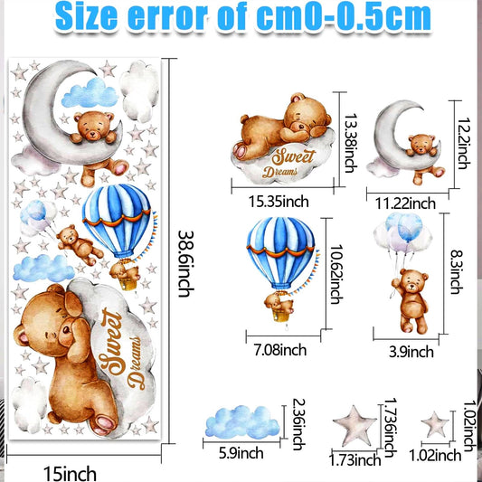 Tedy Bear Moon & Stars Wall Decor - Sleeping Bear Wall Stickers, Baby & Nursery Room Decor