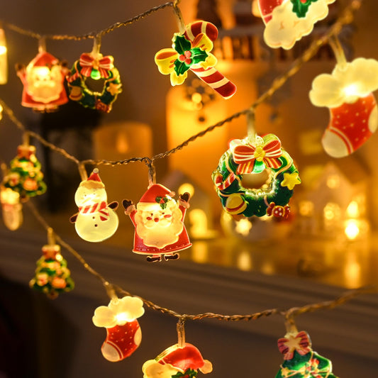 LOLStar Christmas Fairy String Lights, 20 LED Xmas Warm White Lights Hanging Decors with Santa Claus Wreath Tree Snowman Candy Cane Hat Stockings Battery Operated Indoor Window Lights for Party Home