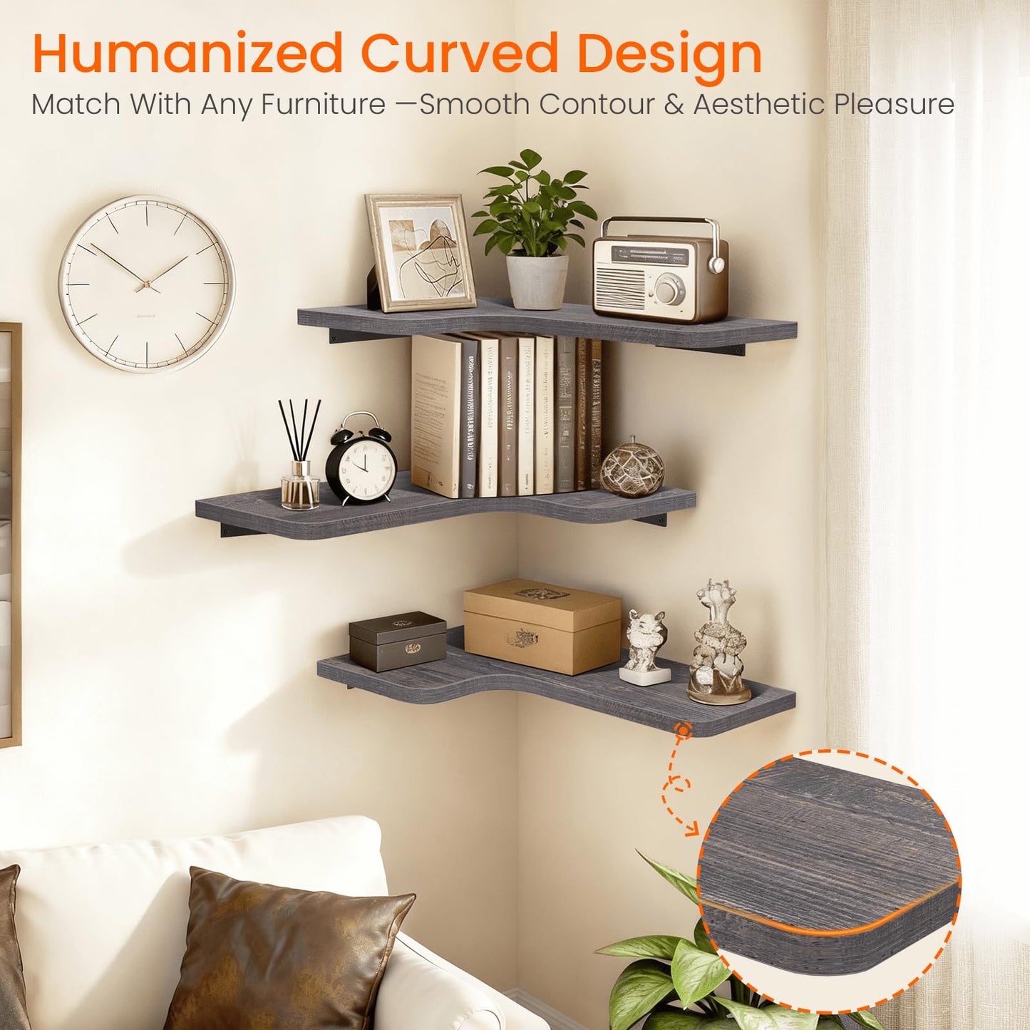 Homode Corner Shelves Wall Mounted, Set of 3 Floating Corner Shelves with Cord Hole, 3 Tier Wooden Hanging Shelves for Storage and Display, for Bathroom Kitchen Living Room, Rustic Grey