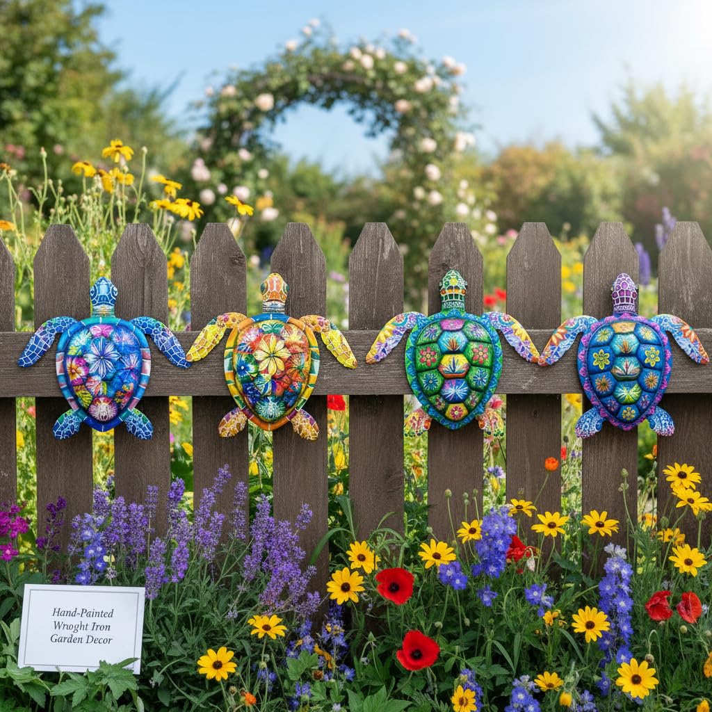 Cruis Cuka Metal Wall Art Cute Turtle 2.5 D Wall Sculpture Garden Decor for Outside Fence Decorations Lawn Ornaments Patio Backyard Decor - Set of 4