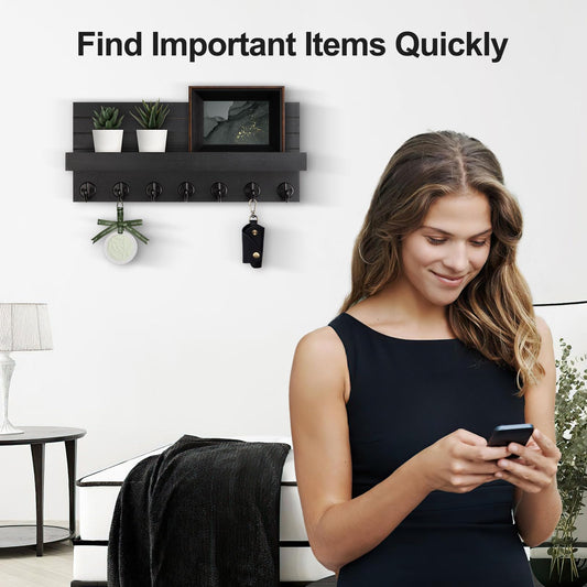 Lwenki Key Holder Wall Mount, Entryway Key and Mail Holder with 7 Sturdy Hooks for Sunglasses, Dog Leash, Decorative Wall Shelf with Mounting Hardware, 15”W x 6.7”H x 4.2”D