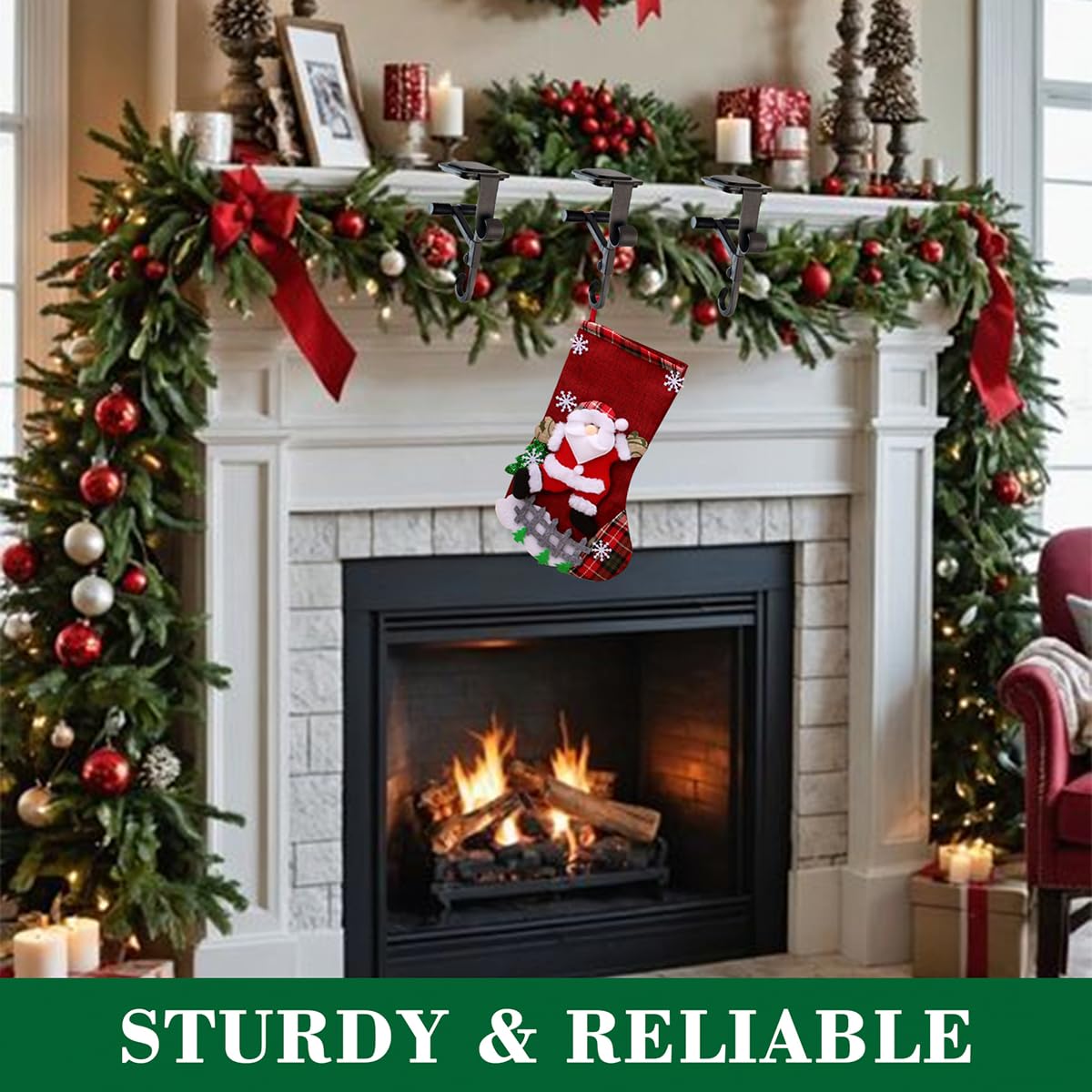 ATRGDUE ATRGDUEFireplace Stocking and Garland Hanger with Two Hooks,Adjustable Mantle Holder- Hold Christmas Decoration and Hang Garland-No Drill,Durable Wrought Iron Holds Up to 20 lbs (3Pcs,Black)