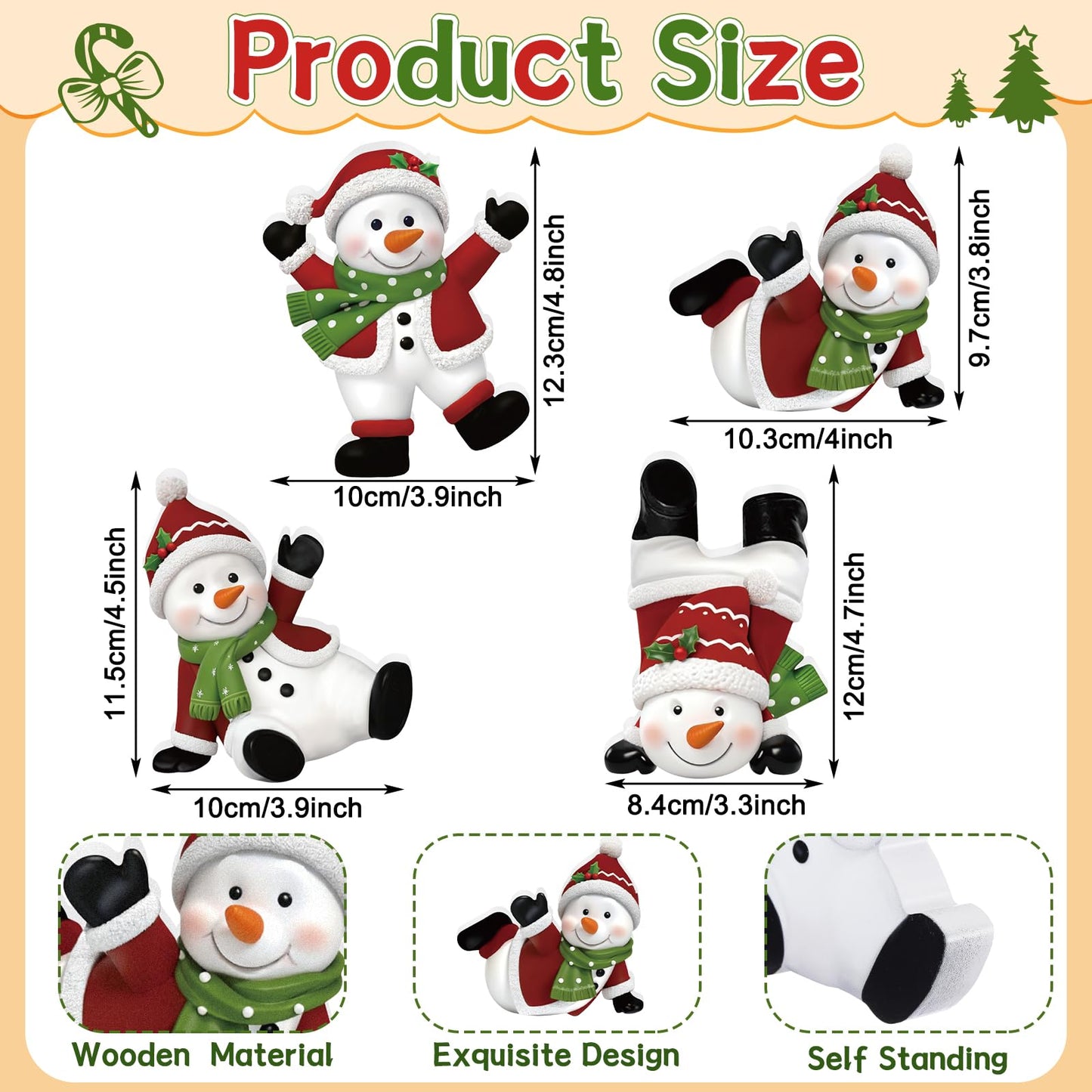 DoubleFill 4 Pcs Christmas Snowman Figurines Table Top Set Sitting Laying Standing Tabletop Decoration Wooden Snowman Statue Decor for Winter Holiday Mantle Desk Shelf Party Decoration