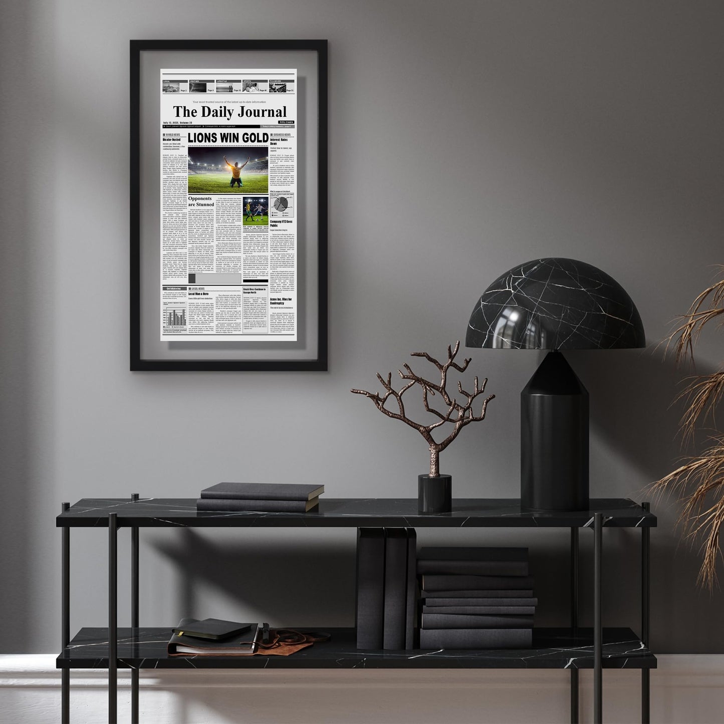 Americanflat 15x26 Newspaper Frame with Shatter-Resistant Glass - Use as 11x22 Newspaper Frame - Signature Float Collection - Engineered Wood Molding - Floating Frames for Wall Display - Black