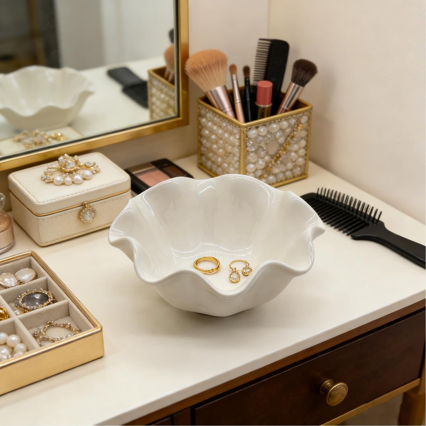 BROSEBEAQ Small Jewelry Tray, Ceramic Lotus Ring Dish, 3.5", White, Vanity Ring Holder, Trinket Dish (White)