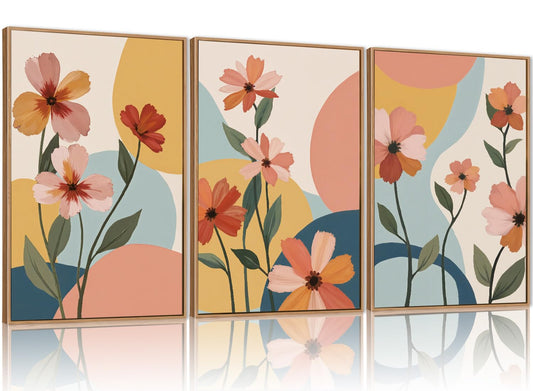 FWIEXA Boho Floral Canvas Wall Art,Pink Flower Pictures Wall Decor,Modern Orange Flowers Wall Art,Abstract Plant Botanical Art Print,Wildflower Bohemian Artwork for Bedroom Rustic Farmhouse 16x24''x3