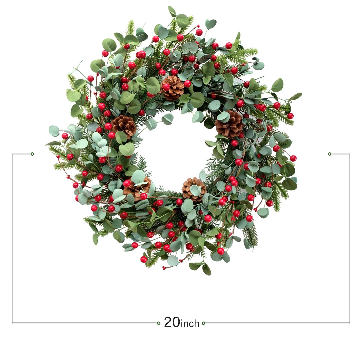 Idyllic Christmas Wreath for Front Door,20" Winter Wreath with Pine Cones Red Berries and Eucalyptus, Winter Decorations for Everyday Farmhouse Window Outdoor/Indoor