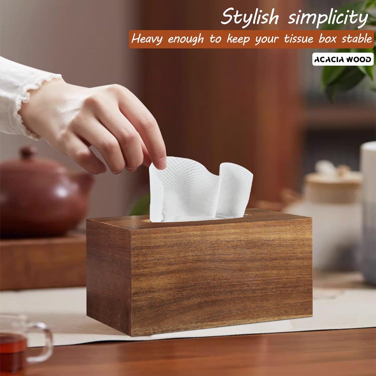 BIBELUN Tissue Box Cover,Acacia Wood Tissue Box Cover Rectangle with Slide-Out Bottom,Wooden Decorative Cube Facial Tissue Holder/Organizer/Dispenser for Bathroom,Office Desk & Bedroom Decor