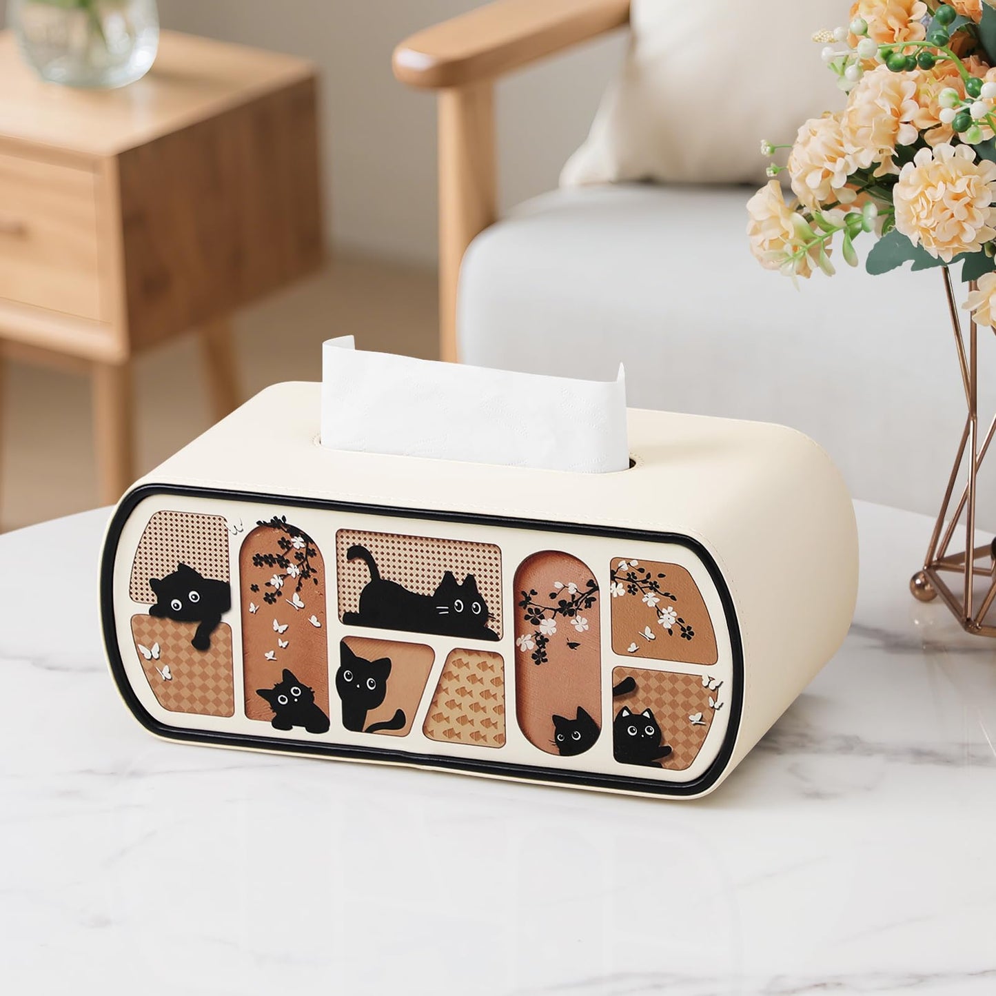 MEIBOOCH Cat-Themed Tissue Box Cover with Curved Edge, Rectangle Tissue Box Holder for up to 4 Inches High Boxes (Beige)