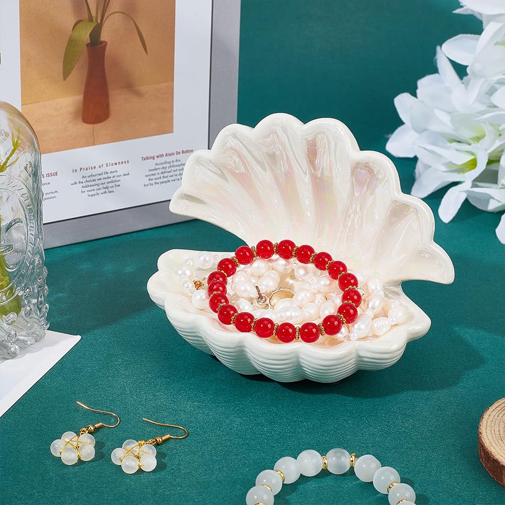 NBEADS Shell Shape Ceramic Jewelry Tray, White Shell Trinket Dish Ceramic Ring Earring Holder Ocean-themed Decorative Trinket Plate for Rings Earrings Necklaces Bracelet Jewelry Watch Keys