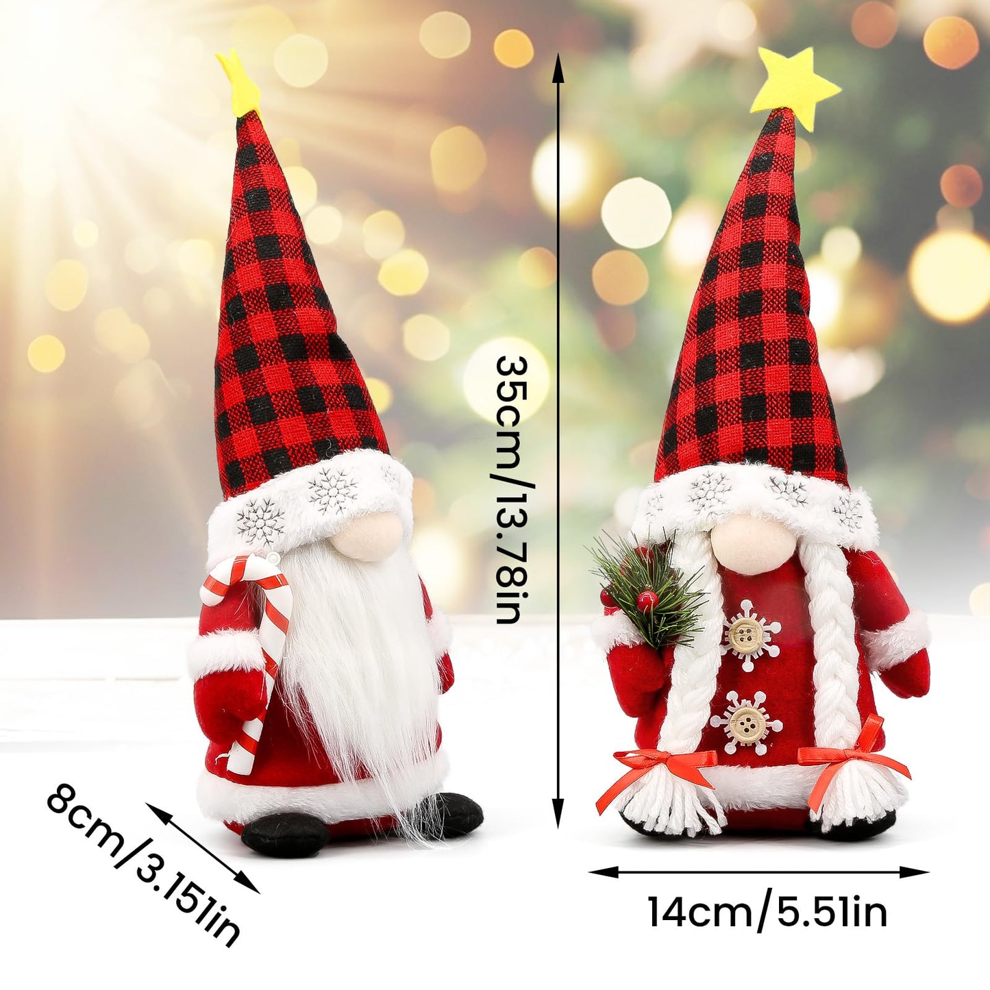 Lovinland Christmas Gnomes Plush Couple with Red Buffalo Check - Xmas Gnomes Elf Tomte Ornaments Doll - Christmas Decorations - Xmas Decorations for Home, Indoor, Office