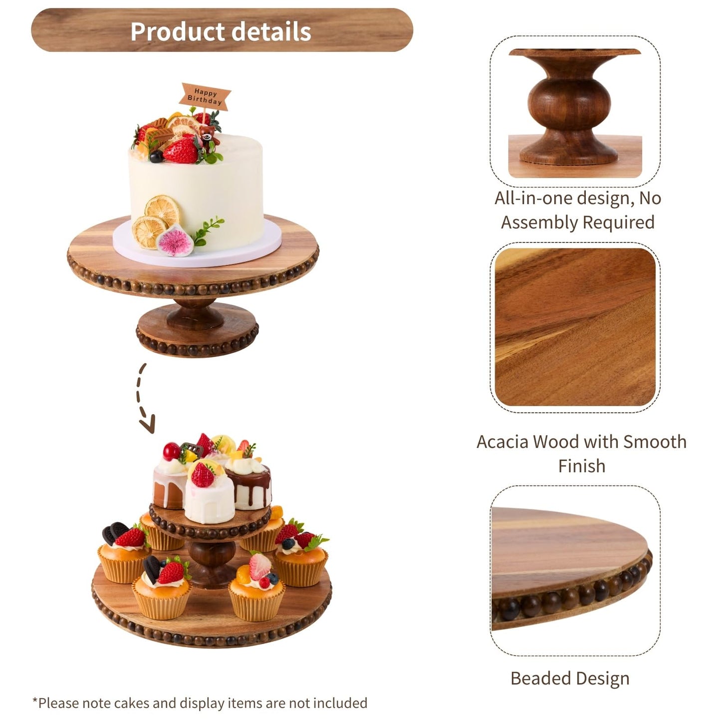 THORNIA Acacia Wood Cake Stand with Handcrafted Beaded Edge - 12 inch Round Decorative Tray & Display Stand for Wedding, Rustic Home Decor, Centerpiece, Desserts, Vanity or Coffee Table