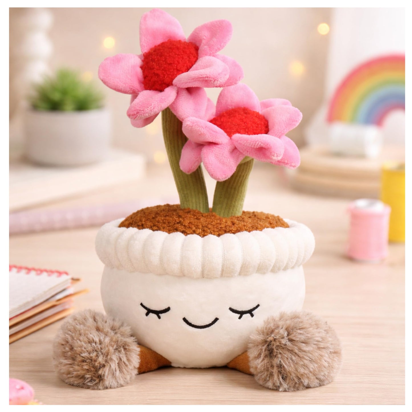Large Plush Plants in Pots – Flower, Cactus & Succulent Plush Stuffed Plants, Flower Pot Plush Bouquet Decor, Cute Desk & Nursery Room Decor Gift (Pink Echinacea)