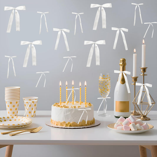 GZIXBDA 48Pcs White Bow Wall Decor, Satin Ribbon Bow Birthday Decorations Photo Backdrop Party Decor for Birthday Baby Shower Bachelorette Wedding Party Room Bedroom
