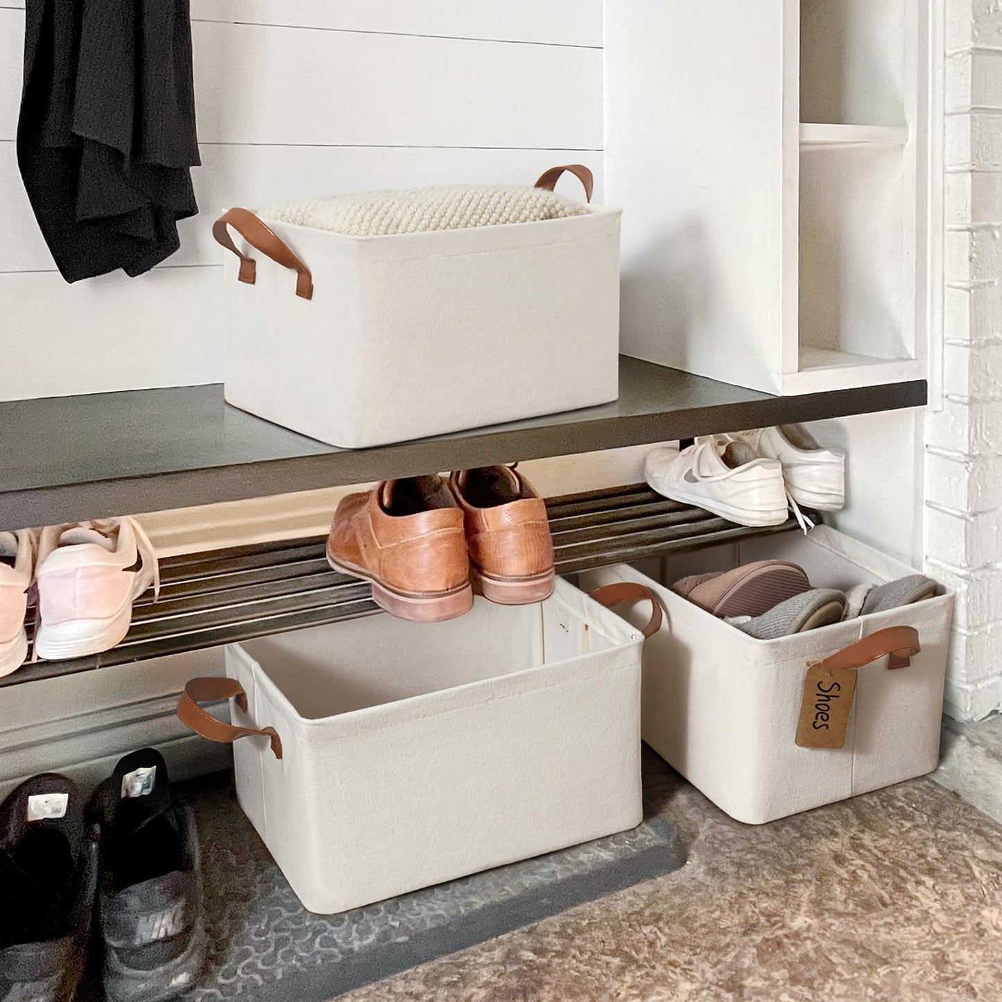 CHICVITA Storage Bins for Shelves, Closet Bins for Organization, Collapsible Storage Baskets for Towels, Rectangle Basket for Bedroom, 14 ¾" L x 10 ¼" W x 8 ¼" H, Beige, 2-Pack
