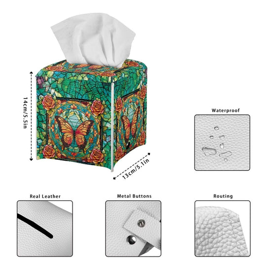Lotusorchid Butterfly Rose Print Tissue Case Cover Square, Waterproof Tissue Box Cover for Home Office, Foldable Kleenex Tissues Cube Boxes with Bottom Belt, Decorative Facial Tissue Cover, Green