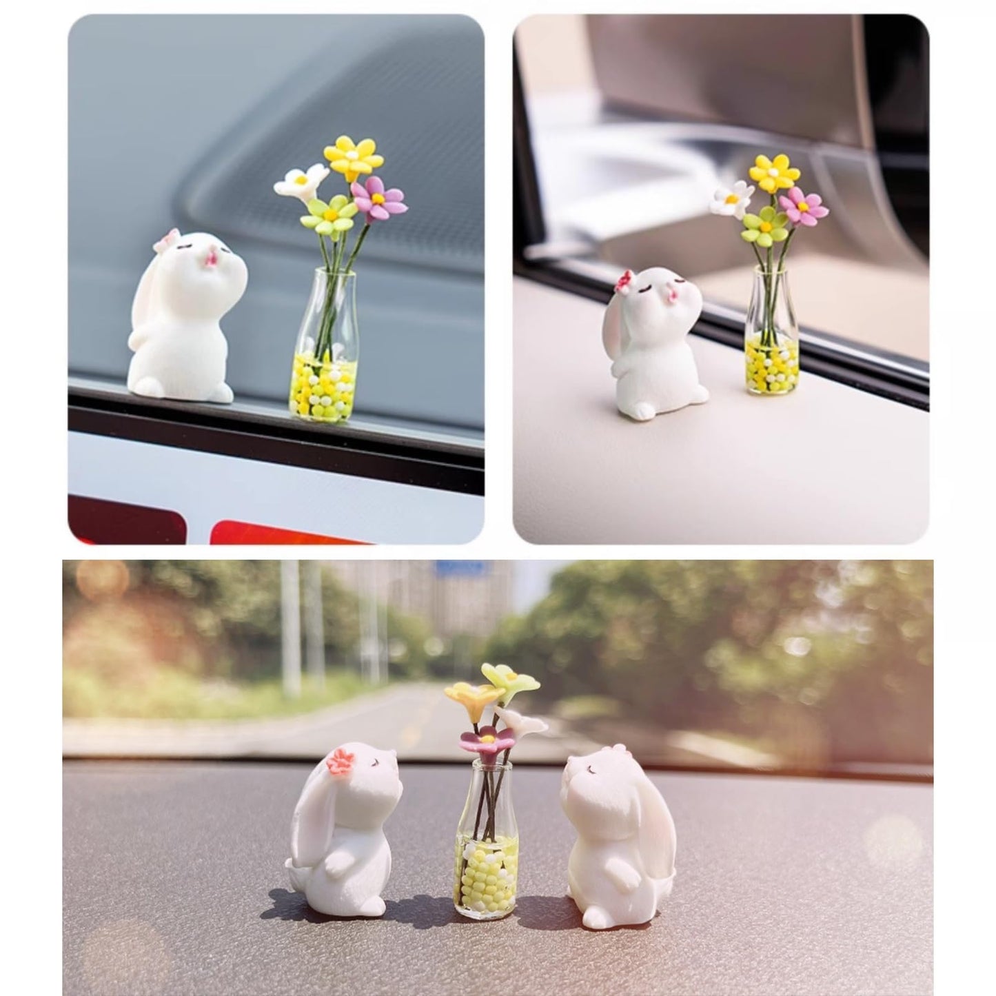 Cute Rabbit Car Dashboard Accessories Flowers Rear View Mirror Decorations, Funny Car Interior Accessories for Girls Women Daisy Charm
