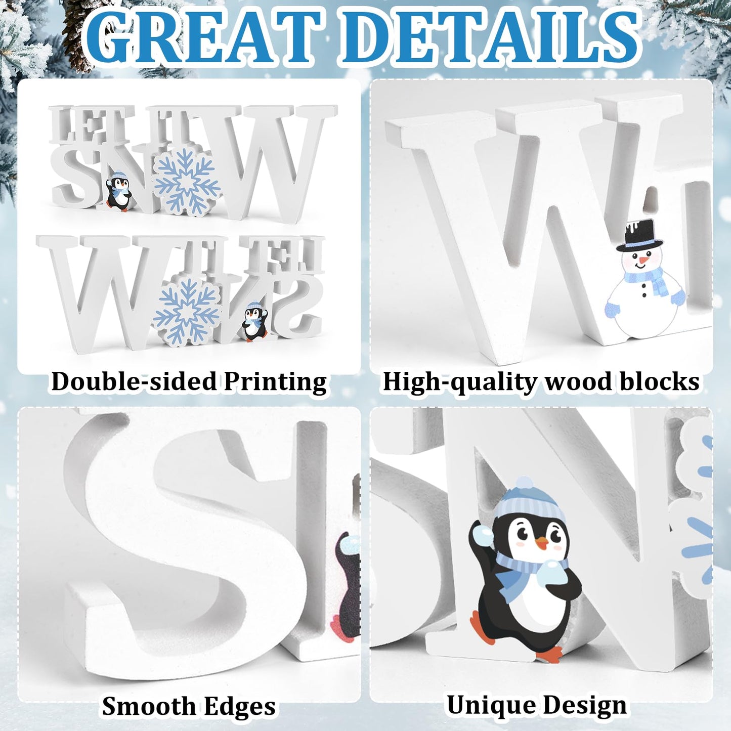 COCHIE Wooden Winter Let It Snow Sign, Snowflake Winter Decorations for Home, Office, Shelf, Mantel, Indoor, Blue White Wood Table Top Party Decor (White)