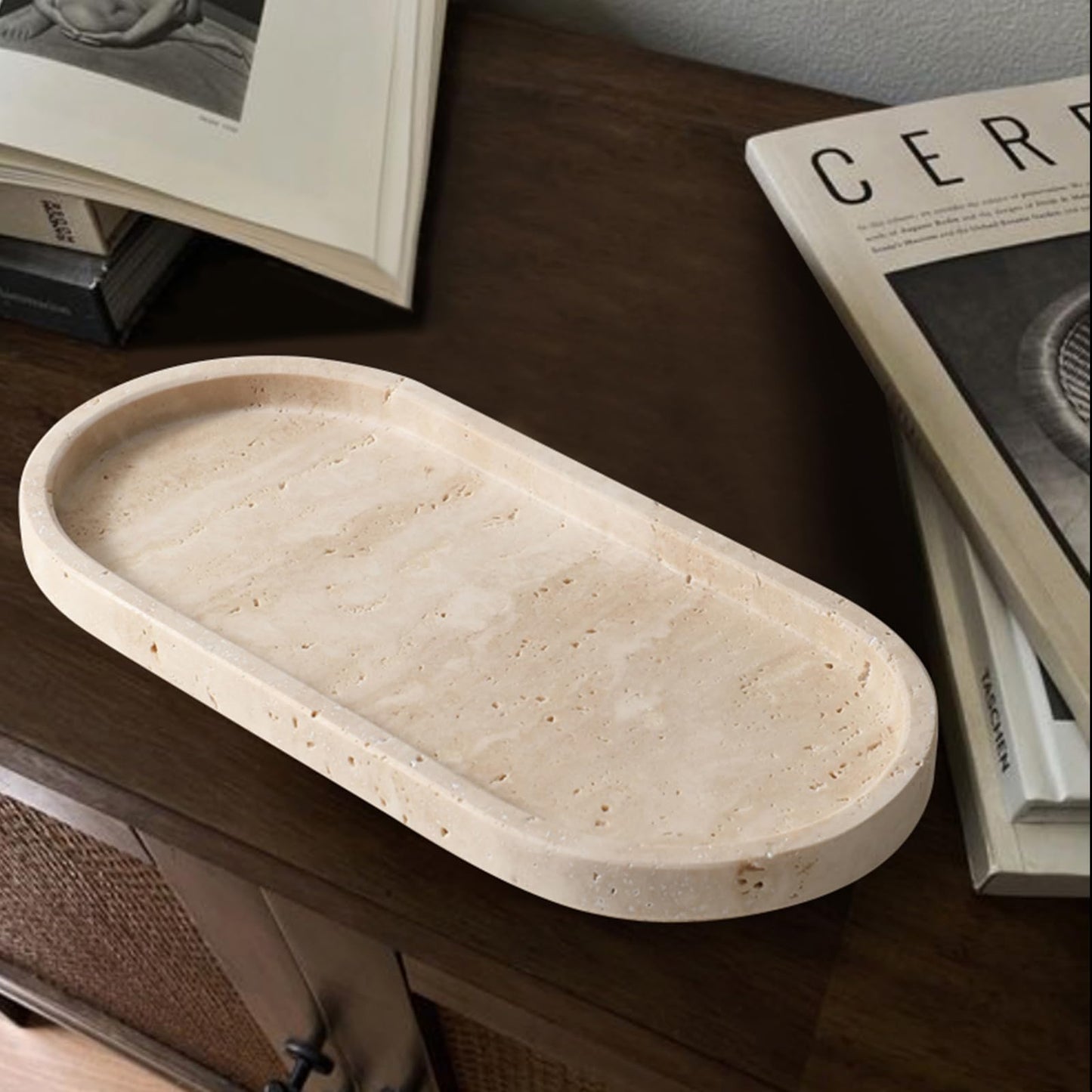 CHISELED ST DF SK Natural Travertine Oval - 10x5 Inch Bathroom and Vanity Marble Small Tray for Soap Bottle, Perfume, Aromatherapy and Jewelry Accessories - Countertop Tray with Non-Slip Raised Base