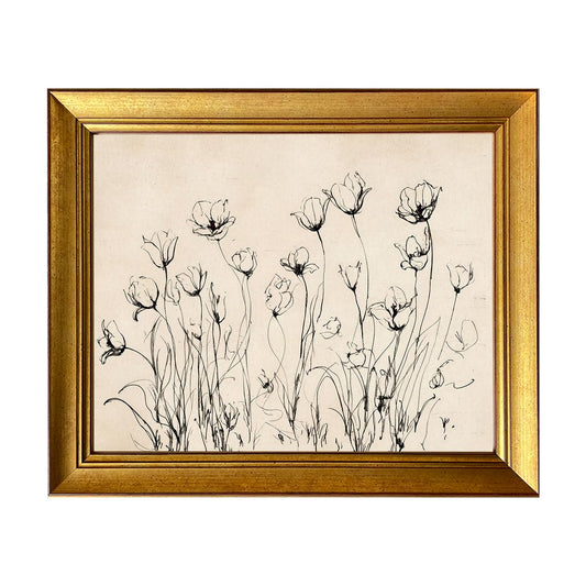 Vintage Gold Framed Tulip Flower Wall Art Minimalist Botanical Line Print Neutral Floral Sketch Painting Rustic Cottage Core Decor for Living Room Bedroom Bathroom