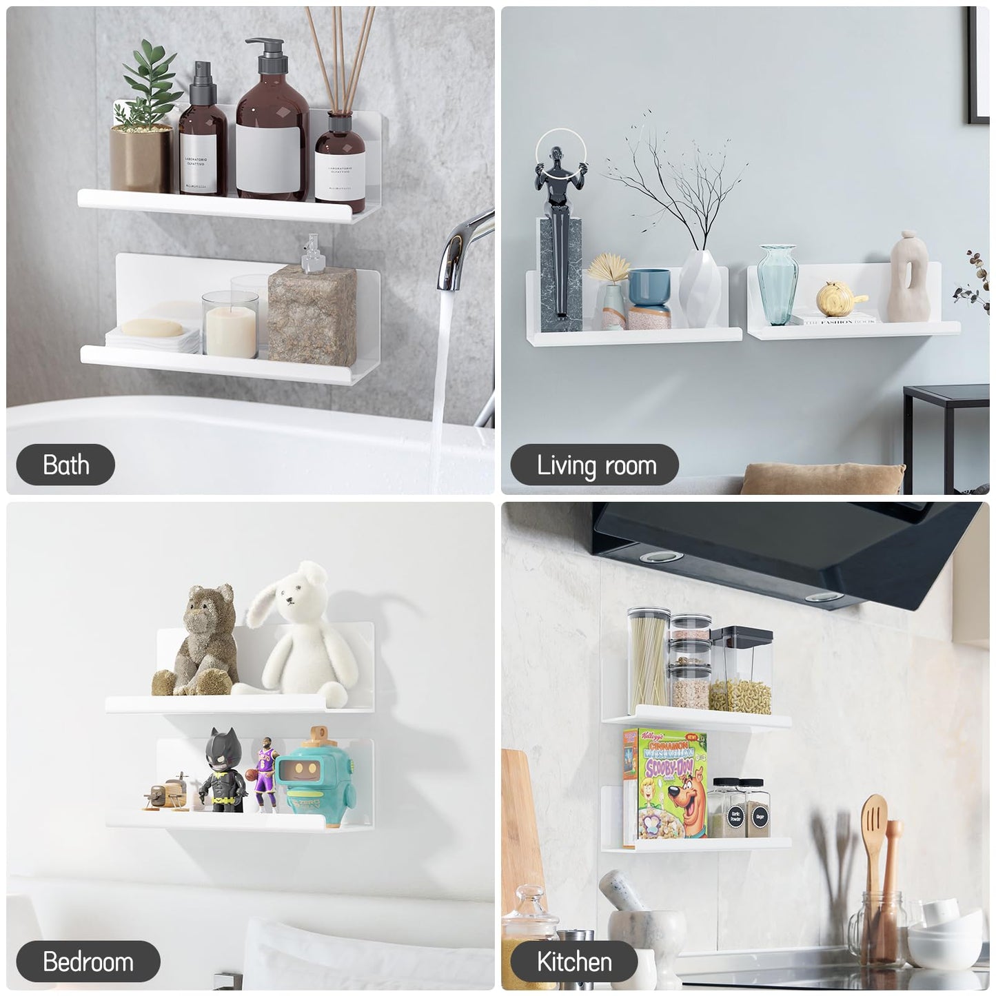 PAVSTINE Acrylic Wall Floating Shelves Set of 2, Wall Shelves White 12 Inch Adhesive Wall Organizer Adhesive Shelf for Bathroom, Kitchen, Bedroom, Office, Gaming Room, No Damage, No Drill