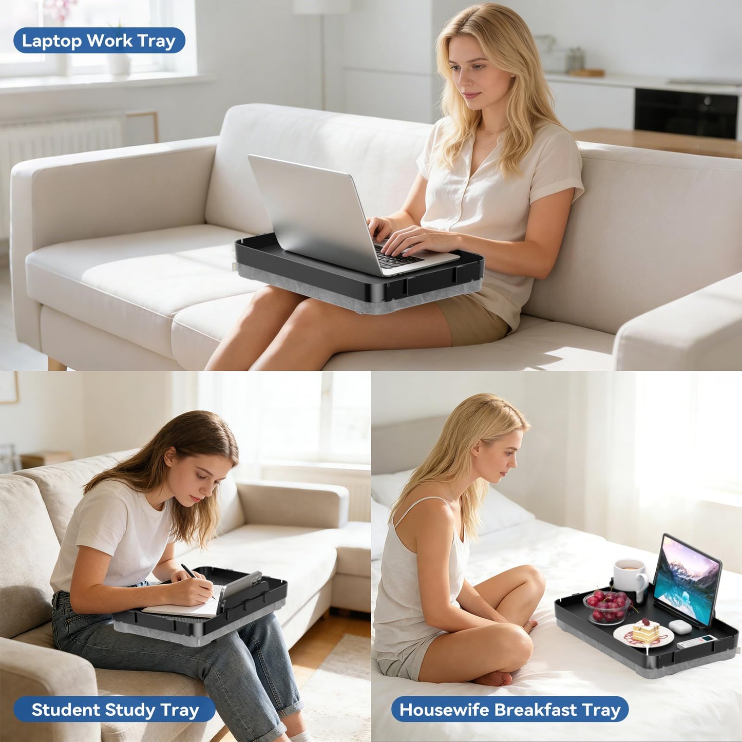Lap Tray with Cushion Plastic Lap Desk with Cushion 15.5”Large Breakfast in Bed Tray with Removable Cushion & Cup/Phone Holder, Lap Table with Laptop Pocket for Couch TV Adults Eating Gaming Black